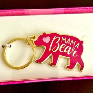 NIB Mama Bear Enamel Keychain Gold tone ring with red & pink bear.